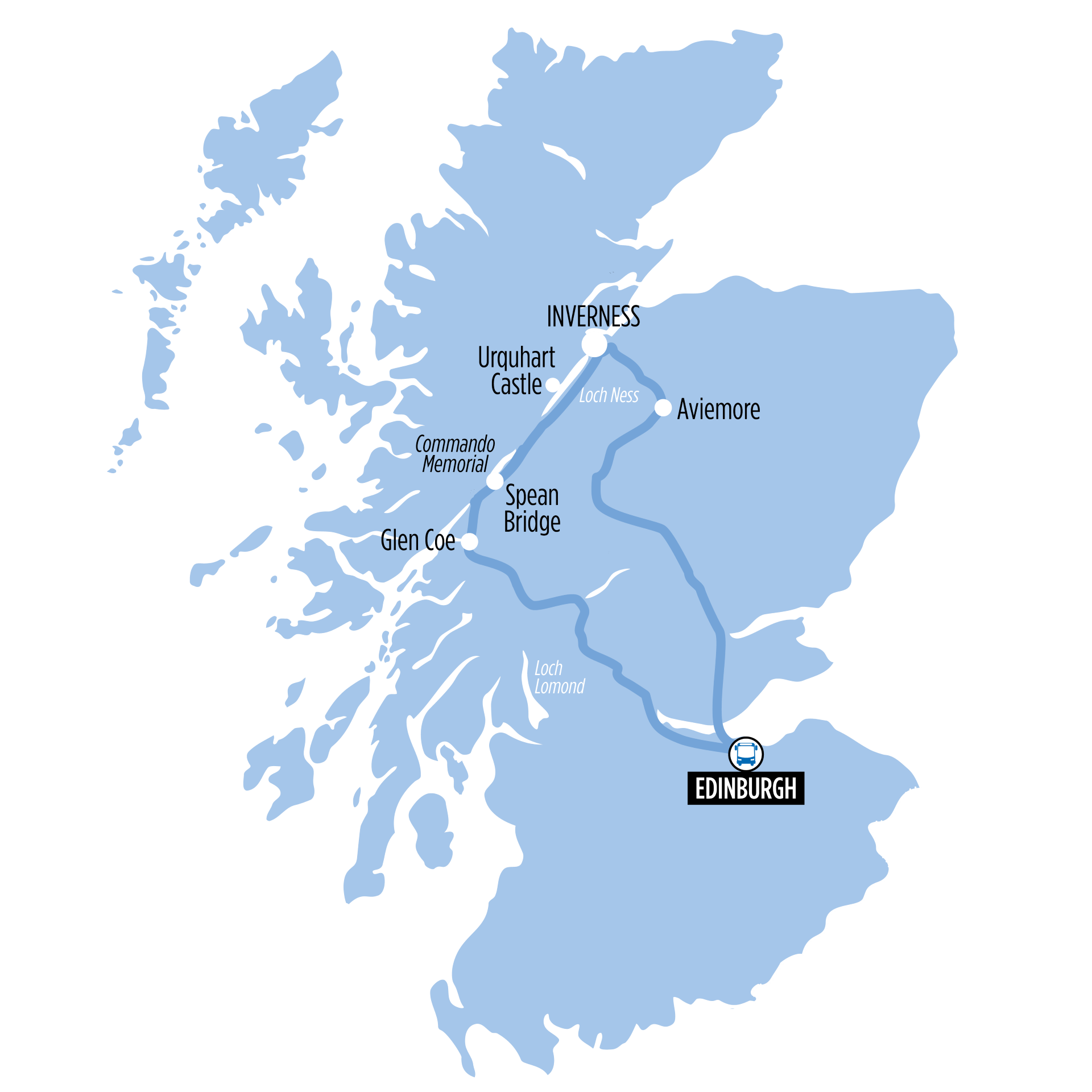 Loch Ness, Glen Coe & Scottish Highlands map of route