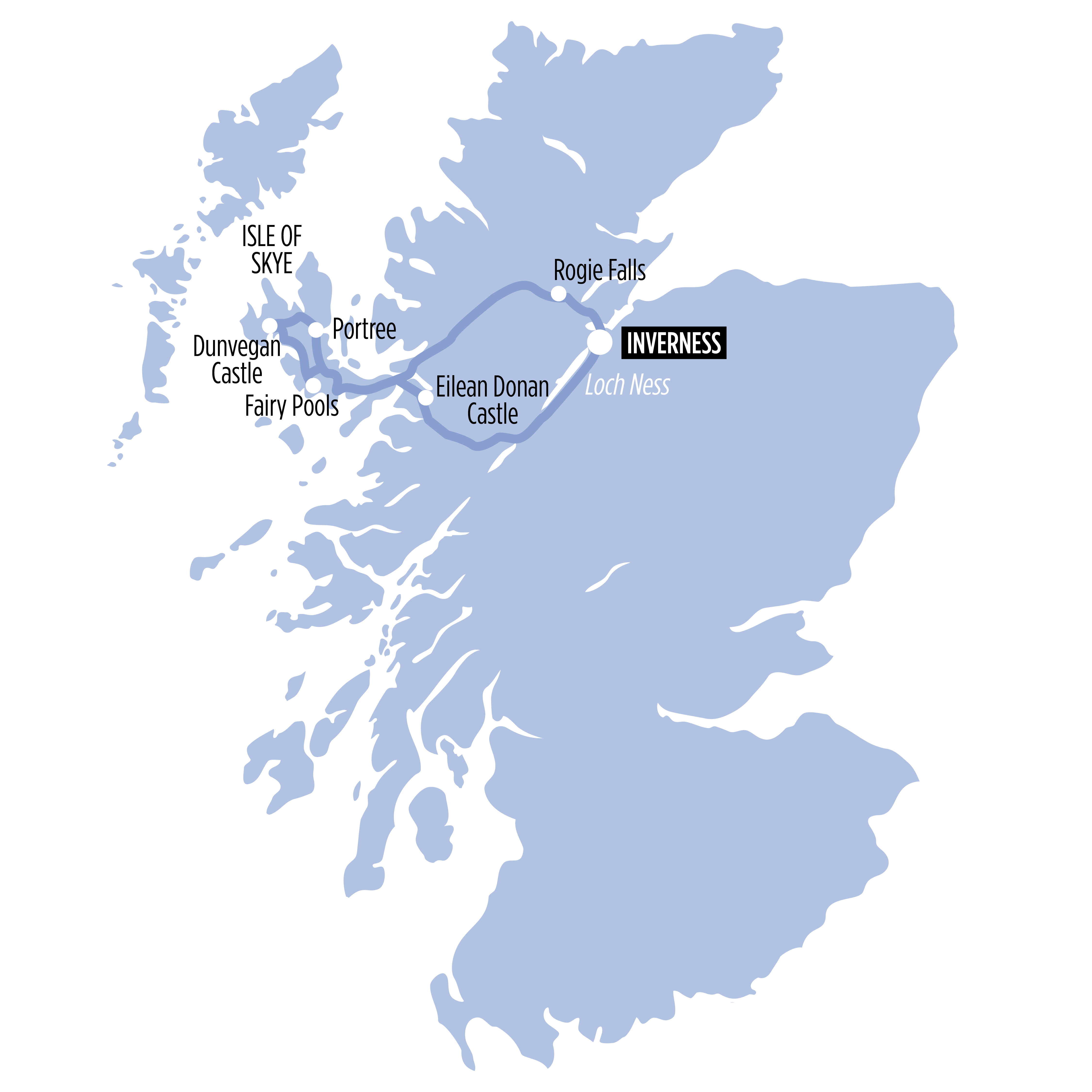 The Fairy Pools, Isle of Skye & Dunvegan Castle map of route
