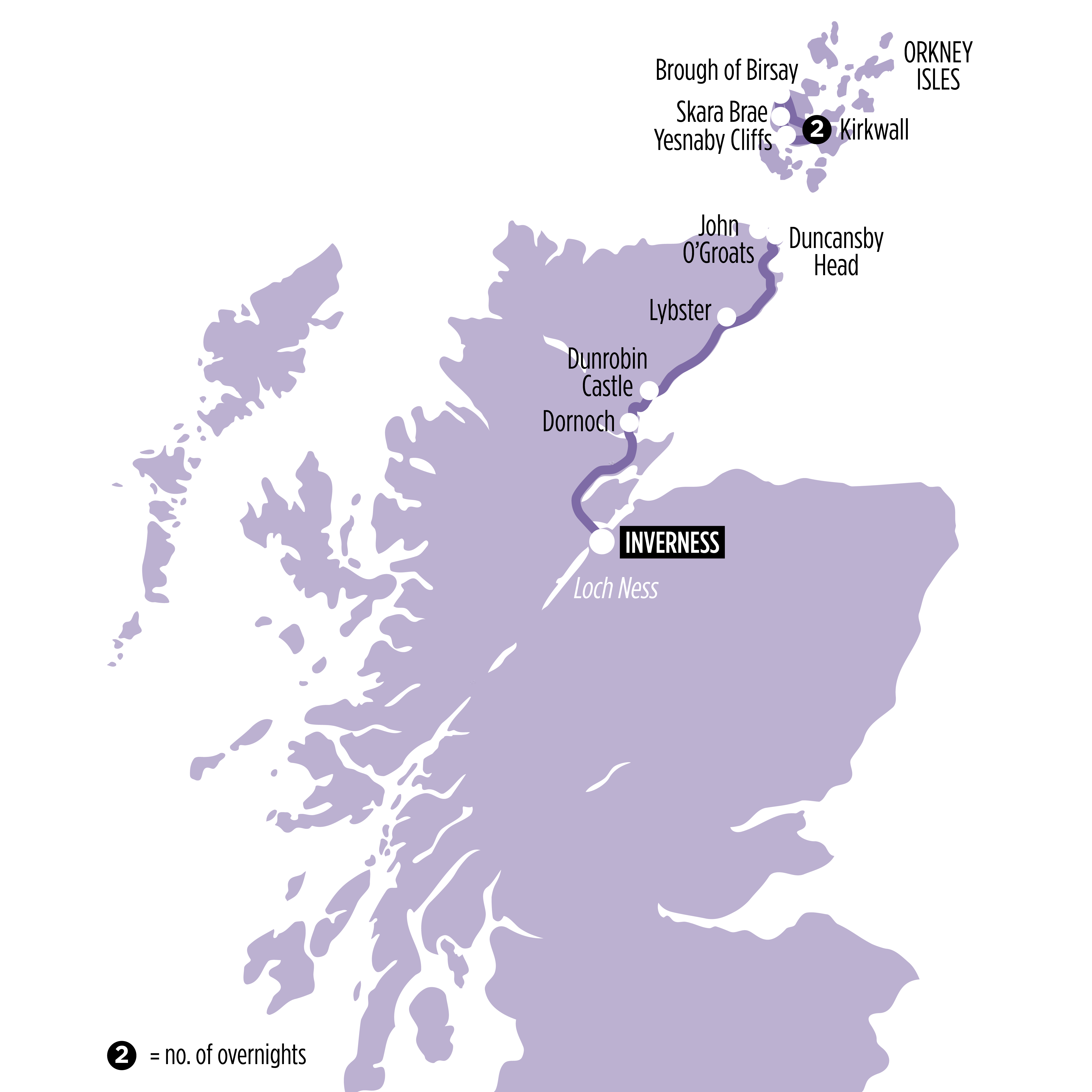 Orkney Islands & The Northern Highlands map of route