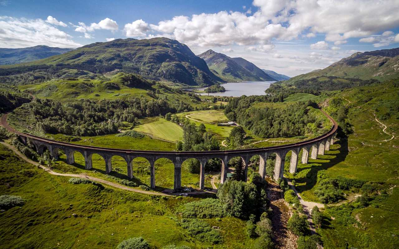Large Aerial View Of Glenfinnan Viaduct On Sunny Day