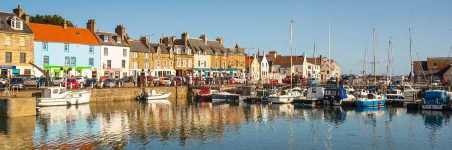 Colourful waterfront of Anstruther Harbour on the Fife Coastal Path