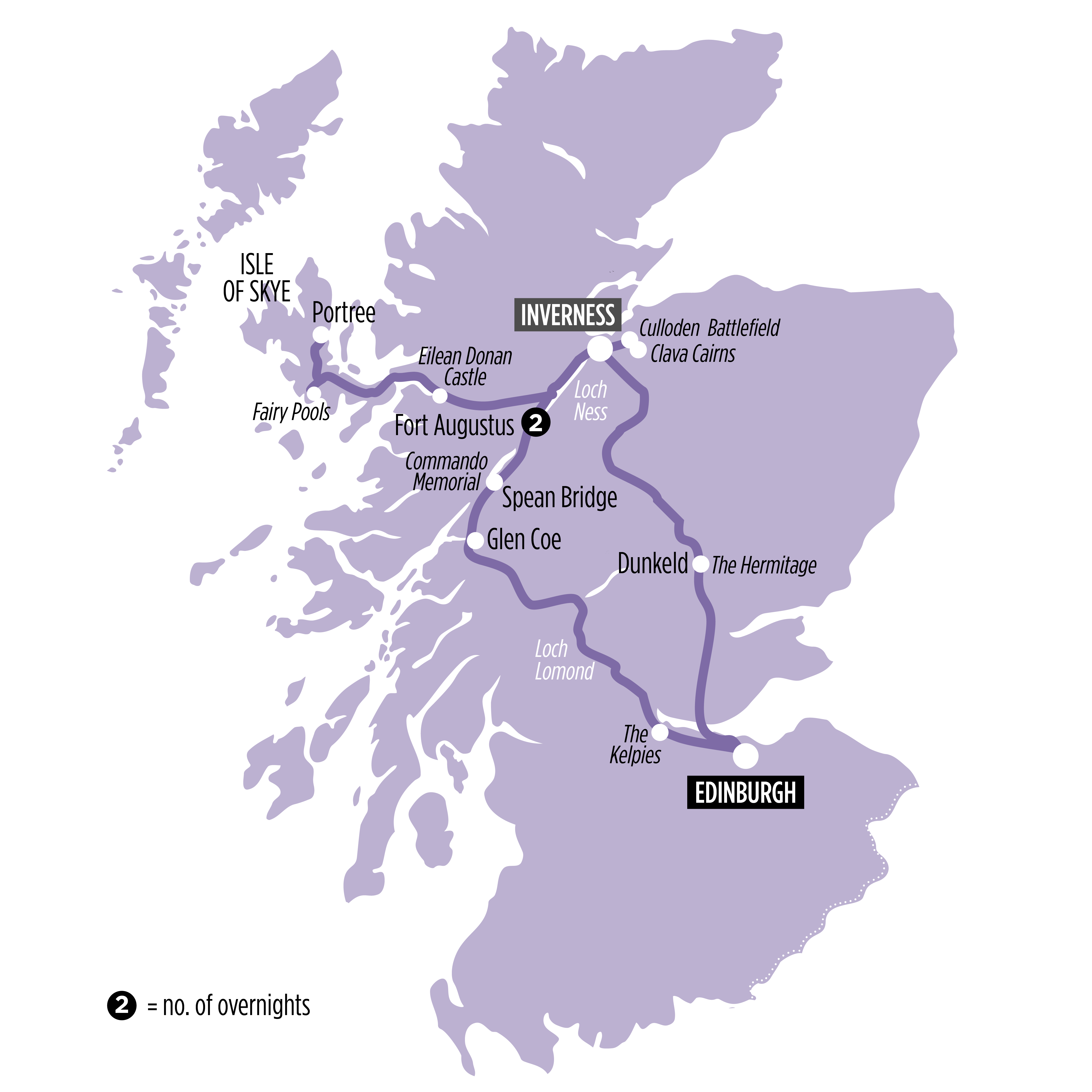 Loch Ness, The Fairy Pools & Isle of Skye map of route