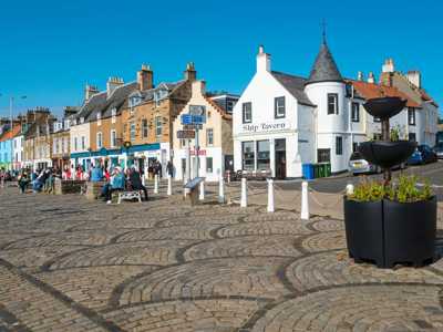 Vibrant houses and seafood shops along Anstruther Harbour