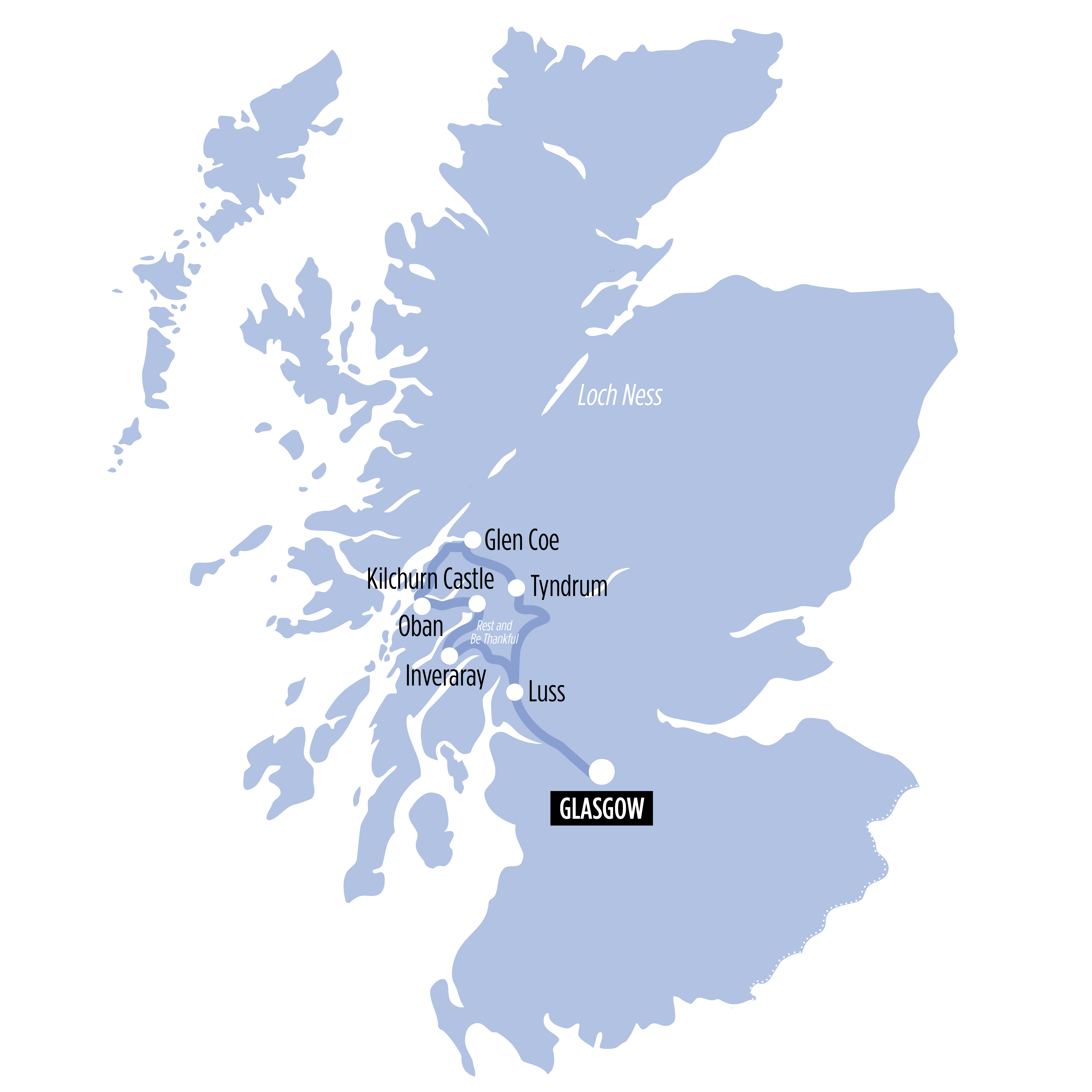 Glen Coe, Oban & Lochs map of route