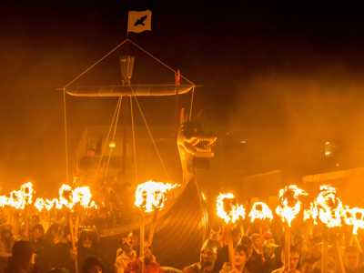 Up Helly Aa Viking long boat burning ceremony at night
